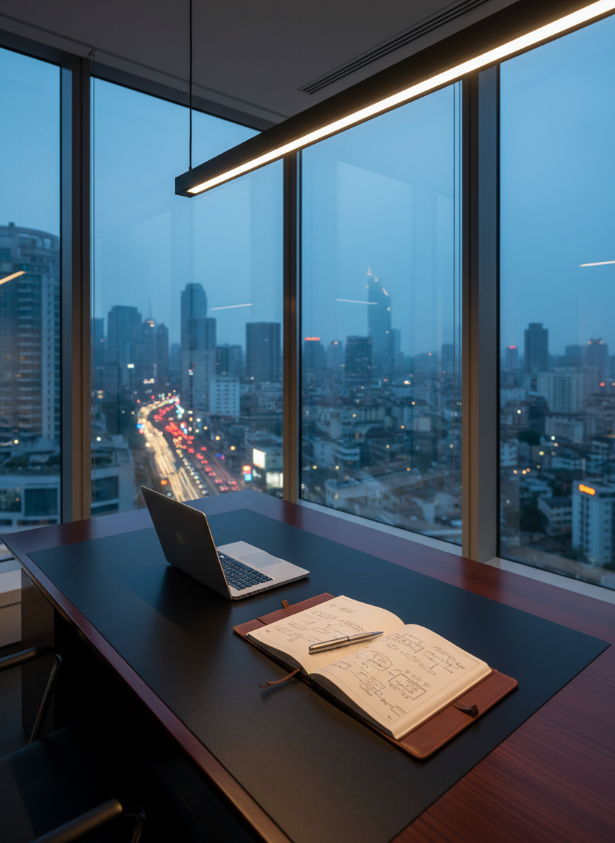 A sleek, glass-walled corner office at twilight, dominated by a large dark-wood executive desk neatly arranged with a slim silver laptop, an open leather-bound strategy notebook filled with precise diagrams, and a minimalist chrome pen. Floor-to-ceiling windows reveal a softly blurred Asian city skyline with illuminated towers and busy roads, symbolizing scale and opportunity. Cool blue ambient light from outside mixes with warm, focused downlighting above the desk, creating refined contrasts and subtle reflections on the polished surface. Photographic realism at eye level, with the desk in sharp focus and the city rendered as gentle bokeh, evokes a professional, aspirational mood suited for high-level business coaching and strategic growth.