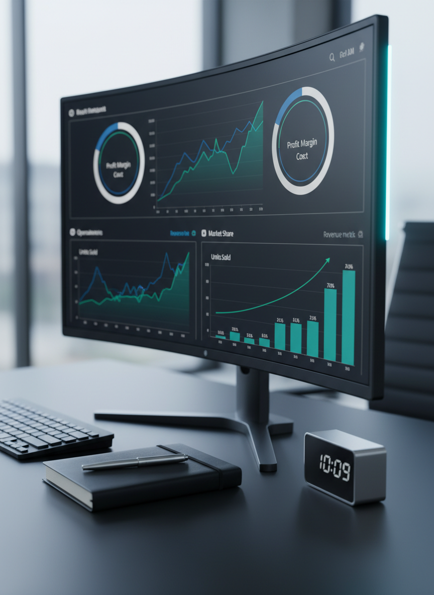 A close-up of a sophisticated business dashboard displayed on a high-resolution, ultra-wide monitor, showing detailed financial graphs, KPI dials, and operational metrics trending upward in calm shades of deep blue, emerald, and silver. The monitor sits on a tidy, matte-black desk with a wireless keyboard, a structured leather notebook, and a small, minimalist metal desk clock indicating precise time. Soft, cool-toned studio lighting from the side creates gentle highlights on the monitor edges and faint shadows behind the objects. Photographic realism with a shallow depth of field keeps the analytics sharply in focus while the background fades into a subtle blur, evoking precision, control, and data-driven strategy for scaling businesses profitably.