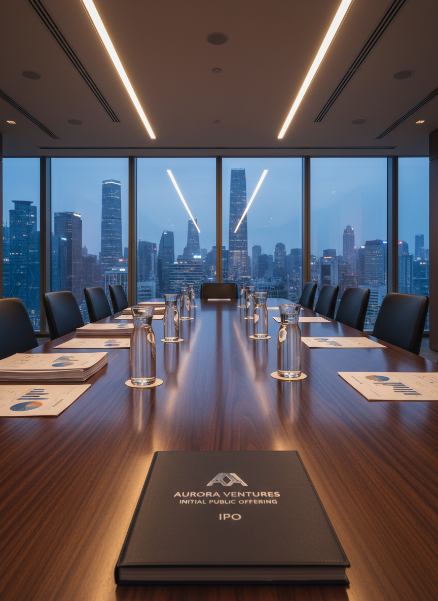 A long, modern boardroom table crafted from smooth walnut stretches toward large windows overlooking a bustling Asian financial district, the city lights forming a sophisticated evening glow. On the table, neatly stacked pitch decks, a closed IPO prospectus with an embossed silver title, and evenly spaced glass water carafes suggest high-stakes strategic discussions. Discreet recessed ceiling lights cast warm, even illumination that reflects softly off the table’s surface, balanced by the cool blue tones of the city beyond. Captured in photographic realism from a low-angle perspective at one end of the table, the composition leads the eye outward, conveying ambition, scale, and the journey toward building IPO-ready companies.