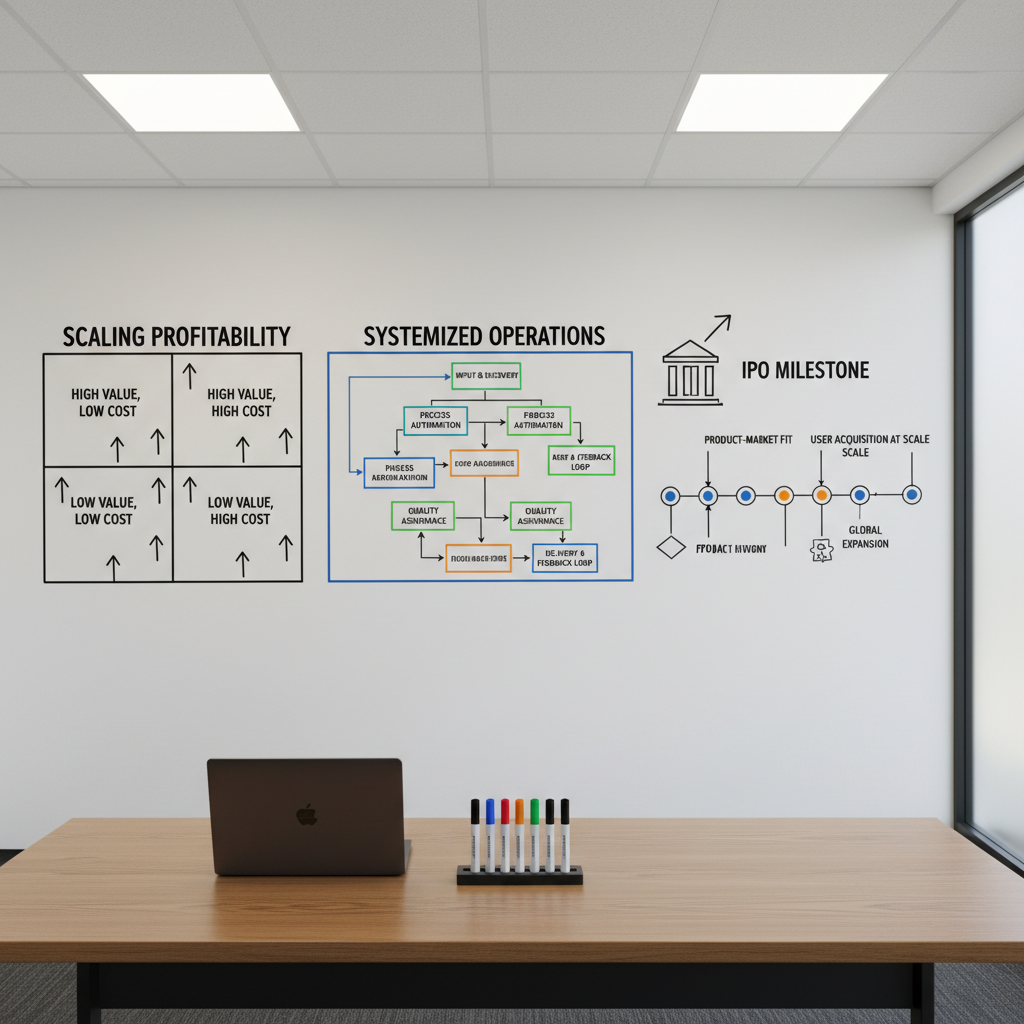 A meticulously organized whiteboard wall in a modern conference room, filled with cleanly drawn business frameworks: a bold 2x2 matrix on scaling profitability, color-coded process flowcharts for systemised operations, and a clear roadmap leading to an IPO milestone icon. Magnetic markers, neatly aligned in a tray, and a closed laptop rest on a slim oak table in the foreground. Soft overhead panel lighting and diffused daylight from a frosted glass window create even, shadow-free illumination. Shot from a slightly elevated angle in photographic realism, the composition follows the rule of thirds, with crisp focus throughout, conveying clarity, structure, and the disciplined mindset of a 10X business strategy coach.